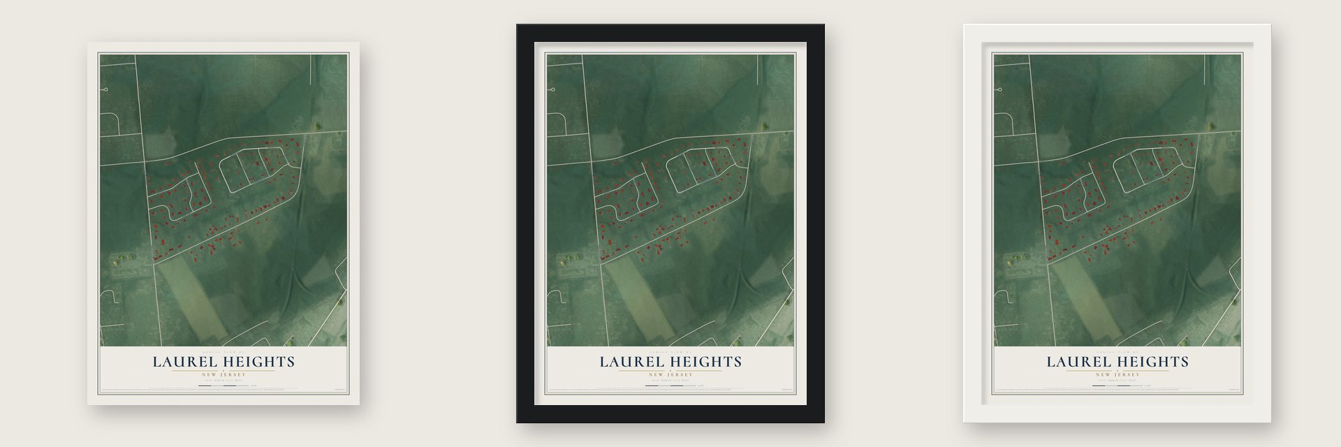 Laurel Heights, New Jersey map unframed, in a black wood frame and in a white wood frame