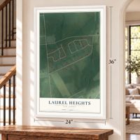 Laurel Heights, New Jersey map, 24 x 36 inch print in a white frame by a staircase