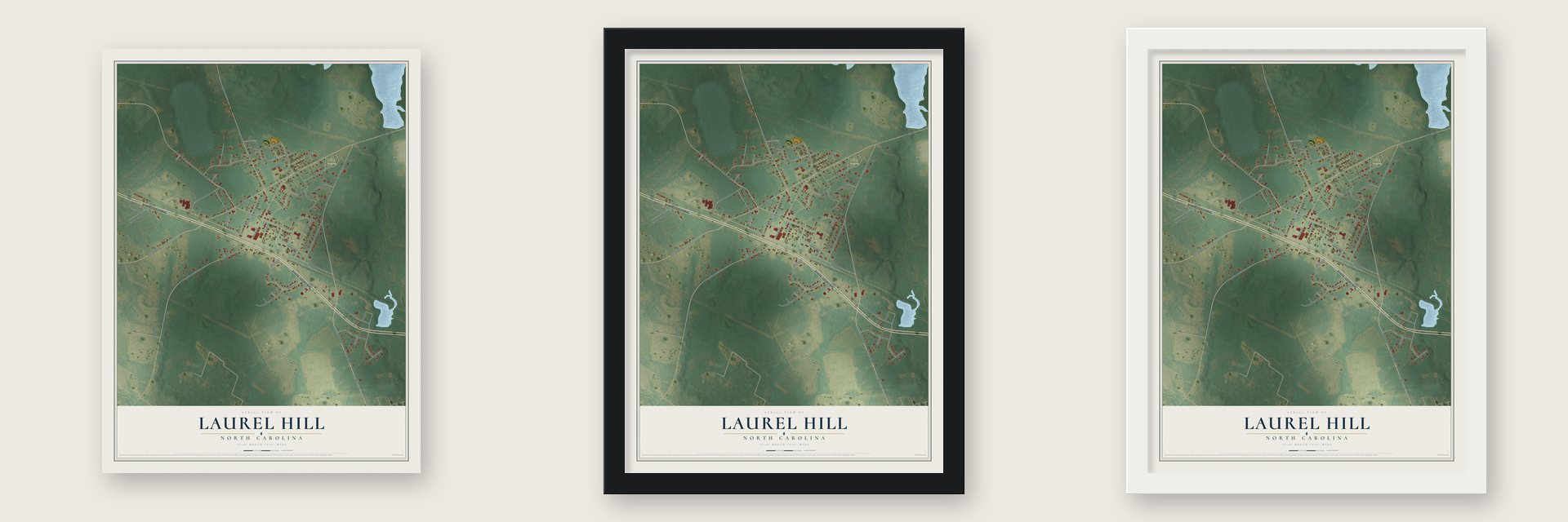 Laurel Hill, North Carolina map unframed, in a black wood frame and in a white wood frame