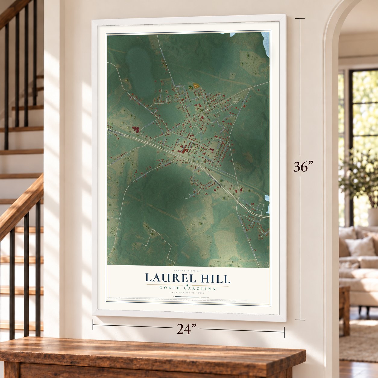 Laurel Hill, North Carolina map, 24 x 36 inch print in a white frame by a staircase