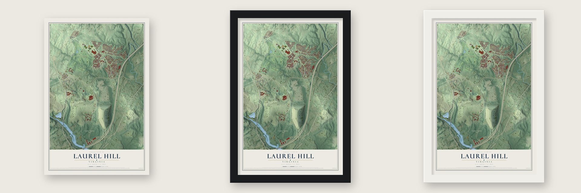Laurel Hill, Virginia map unframed, in a black wood frame and in a white wood frame