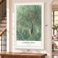 Laurel Hill, Virginia map, 24 x 36 inch print in a white frame by a staircase