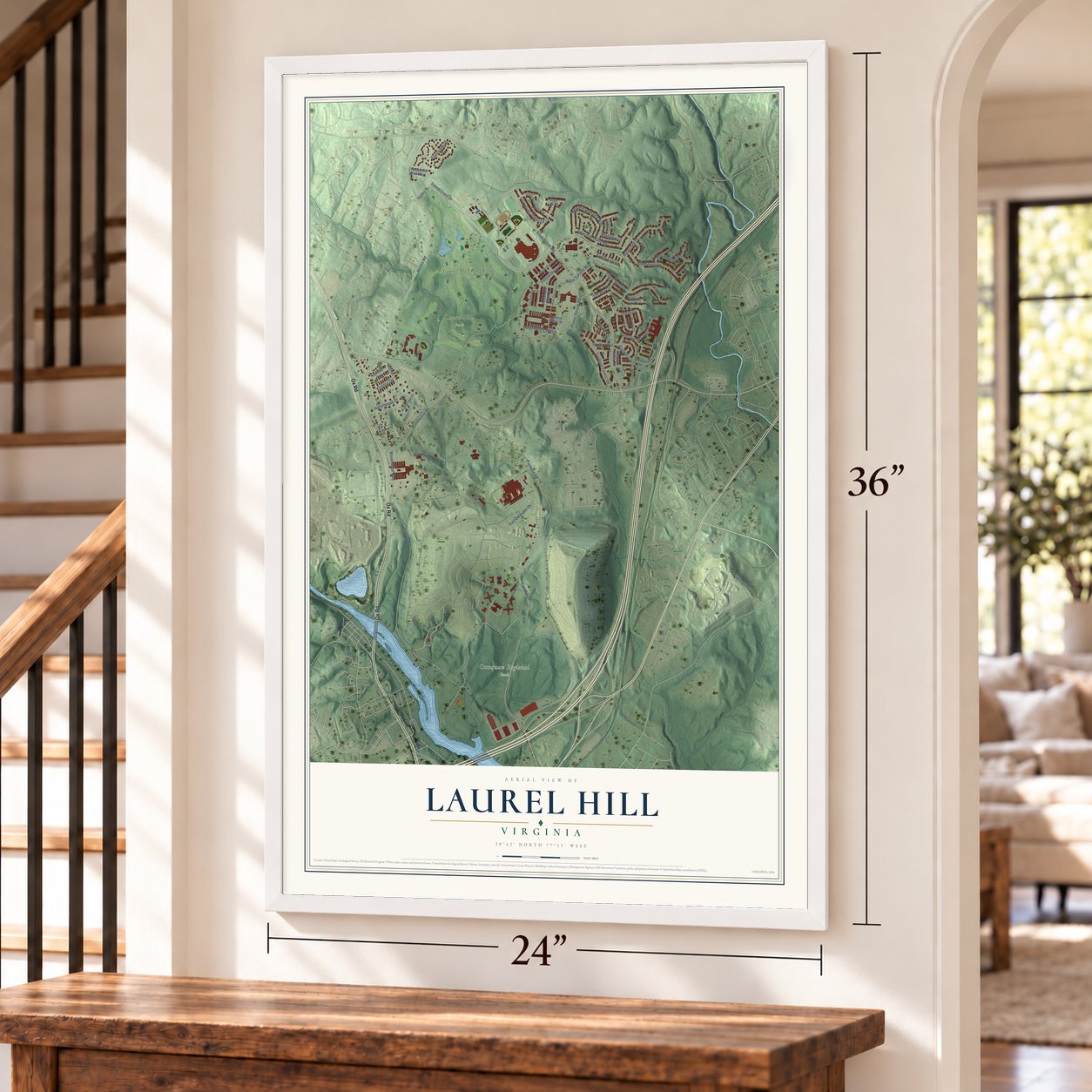 Laurel Hill, Virginia map, 24 x 36 inch print in a white frame by a staircase