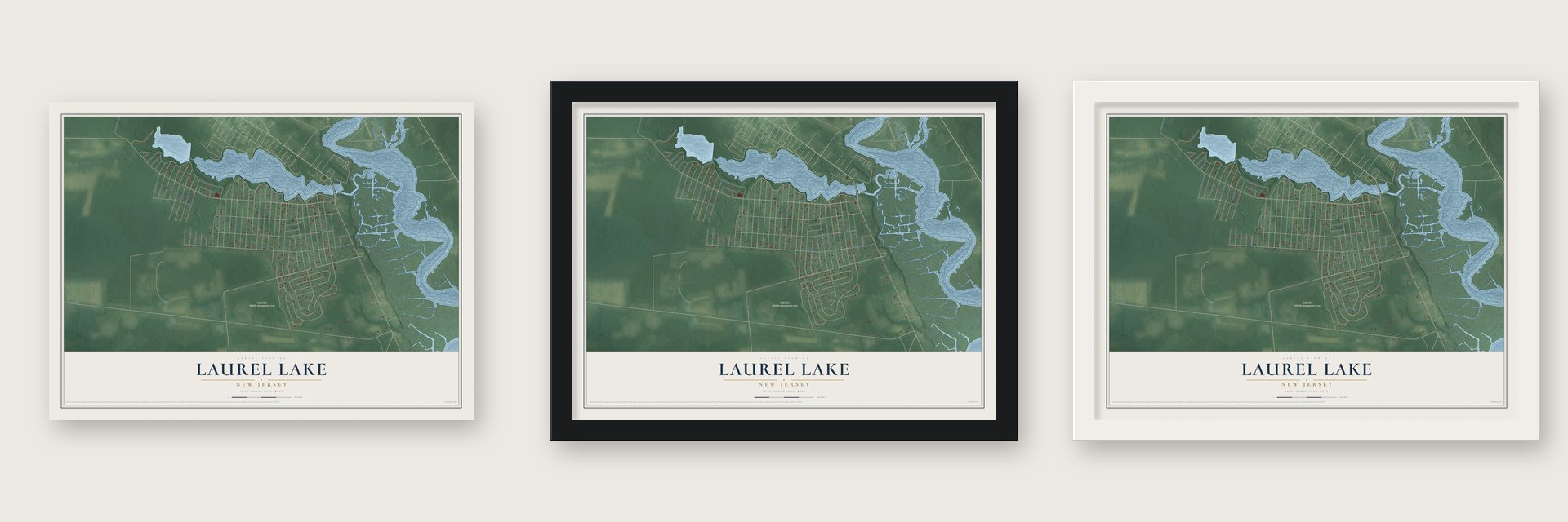 Laurel Lake, New Jersey map unframed, in a black wood frame and in a white wood frame