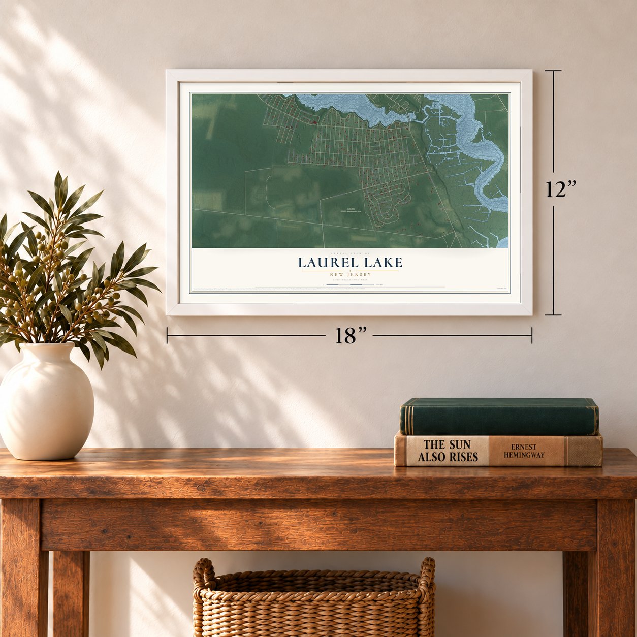 Laurel Lake, New Jersey map, 12 x 18 inch print in a white frame in an entryway