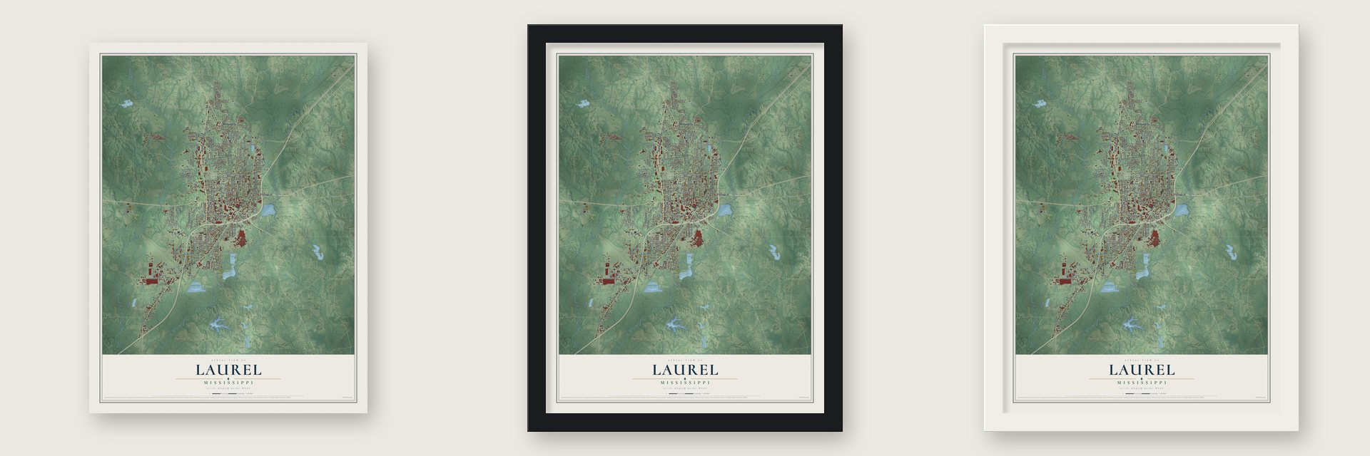 Laurel, Mississippi map unframed, in a black wood frame and in a white wood frame