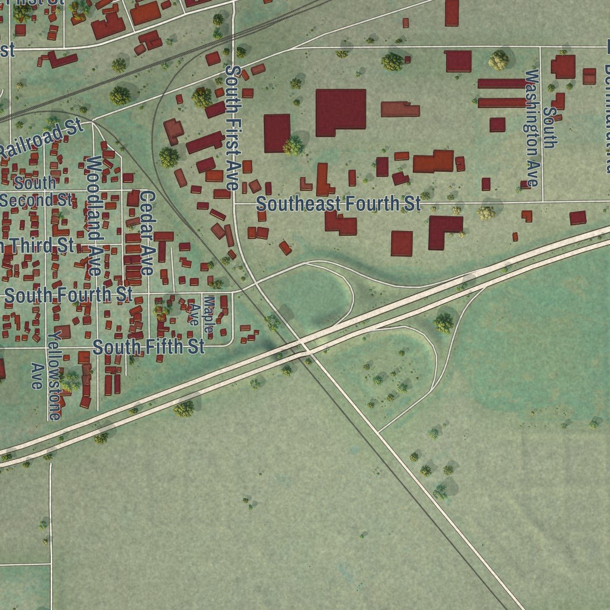 Second close-up of the map of Laurel, Montana print showing more streets and buildings