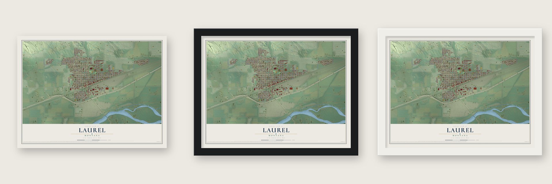 Laurel, Montana map unframed, in a black wood frame and in a white wood frame