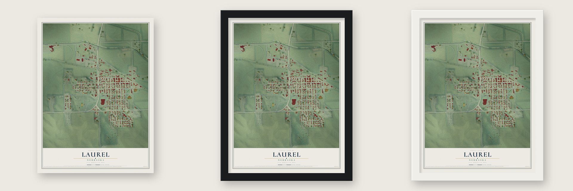 Laurel, Nebraska map unframed, in a black wood frame and in a white wood frame