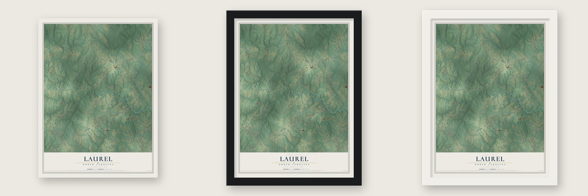 Laurel, North Carolina map unframed, in a black wood frame and in a white wood frame