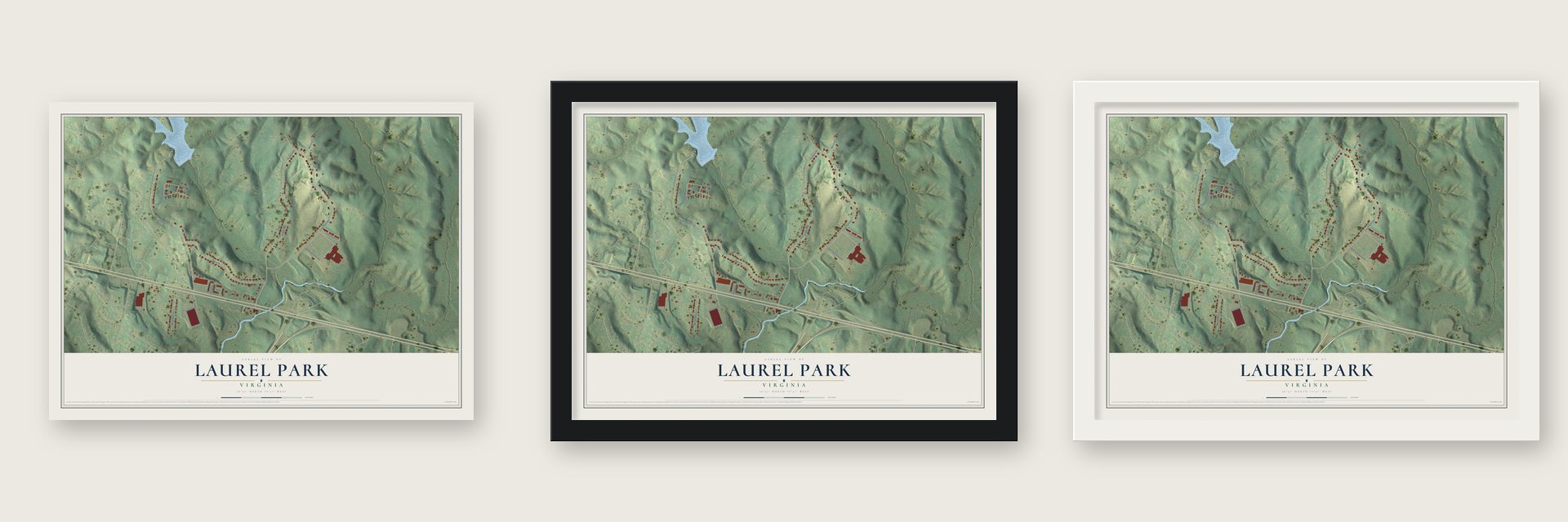 Laurel Park, Virginia map unframed, in a black wood frame and in a white wood frame