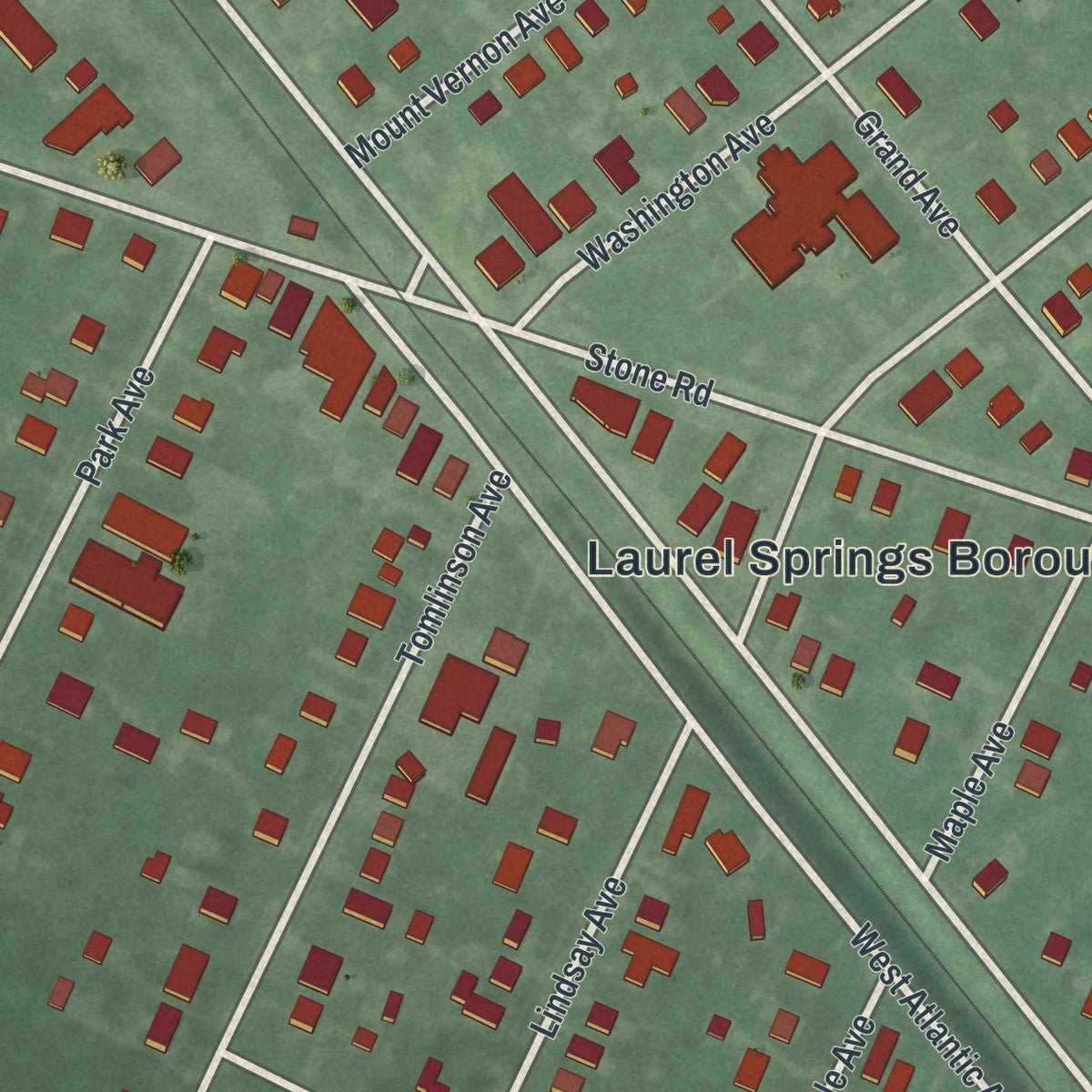 Second close-up of the map of Laurel Springs, New Jersey print showing more streets and buildings