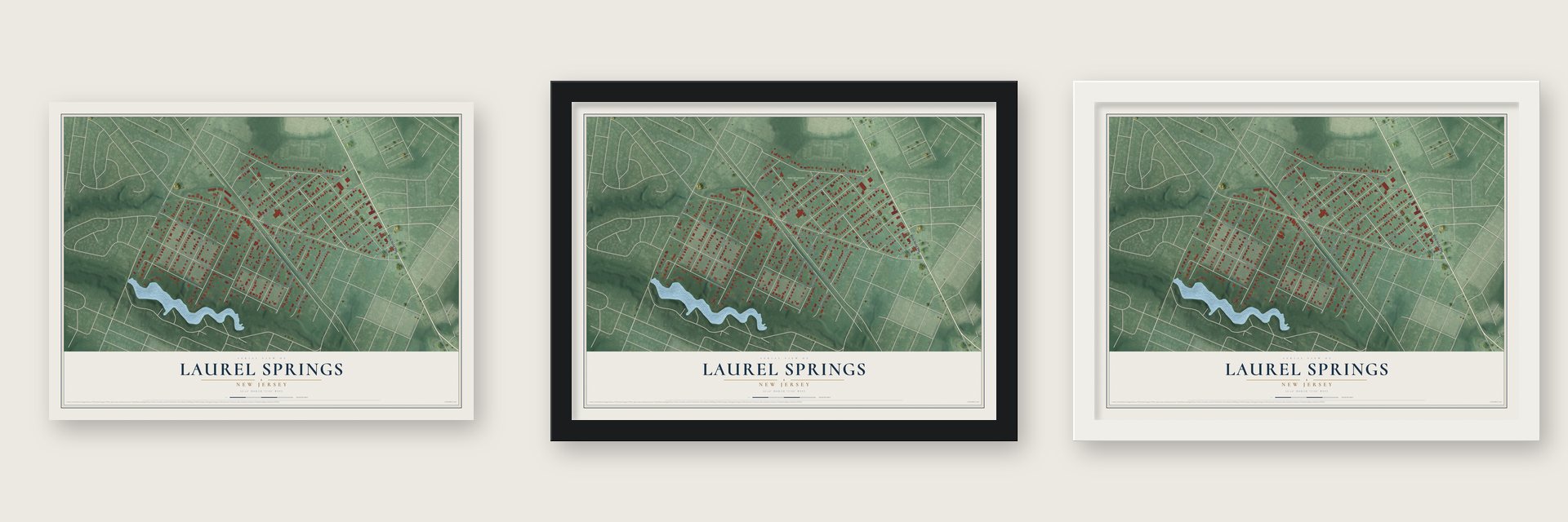 Laurel Springs, New Jersey map unframed, in a black wood frame and in a white wood frame