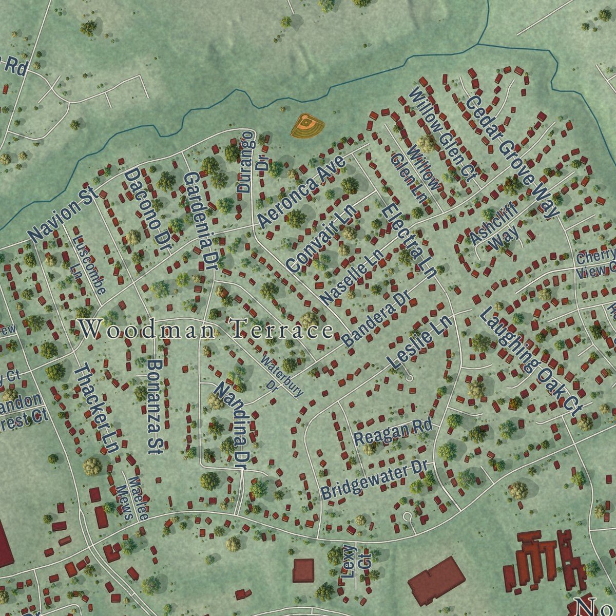Second close-up of the map of Laurel, Virginia print showing more streets and buildings