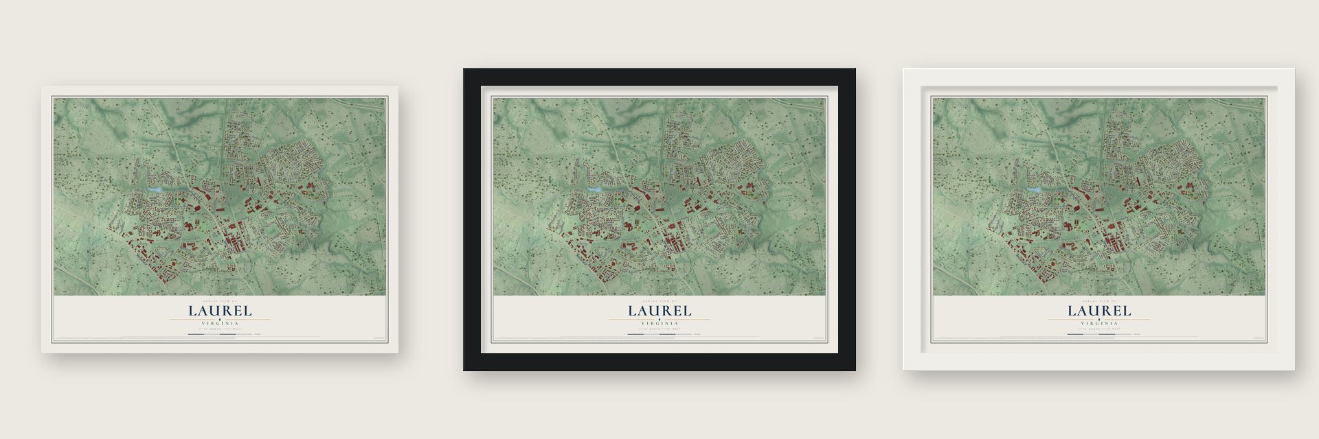 Laurel, Virginia map unframed, in a black wood frame and in a white wood frame