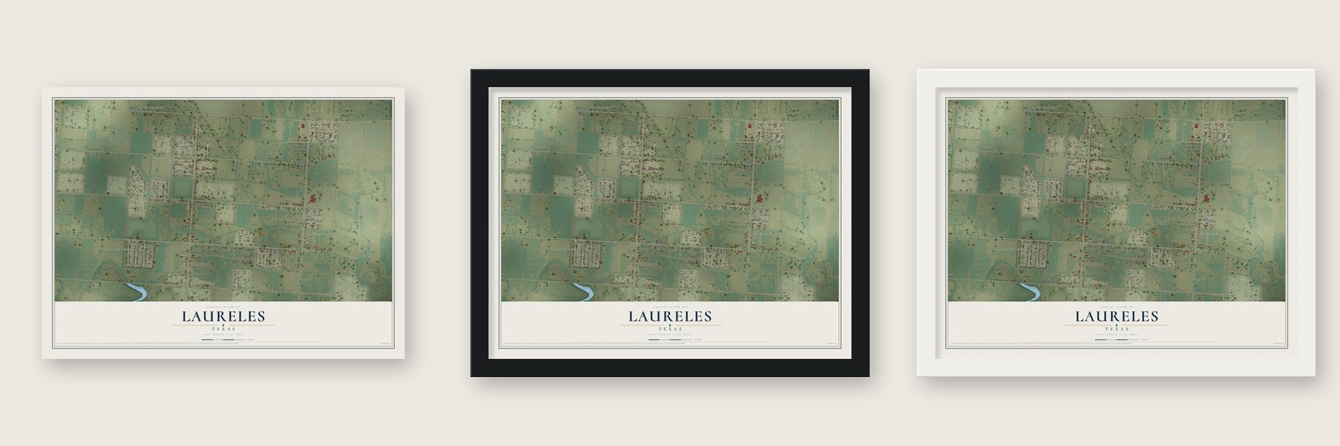 Laureles, Texas map unframed, in a black wood frame and in a white wood frame