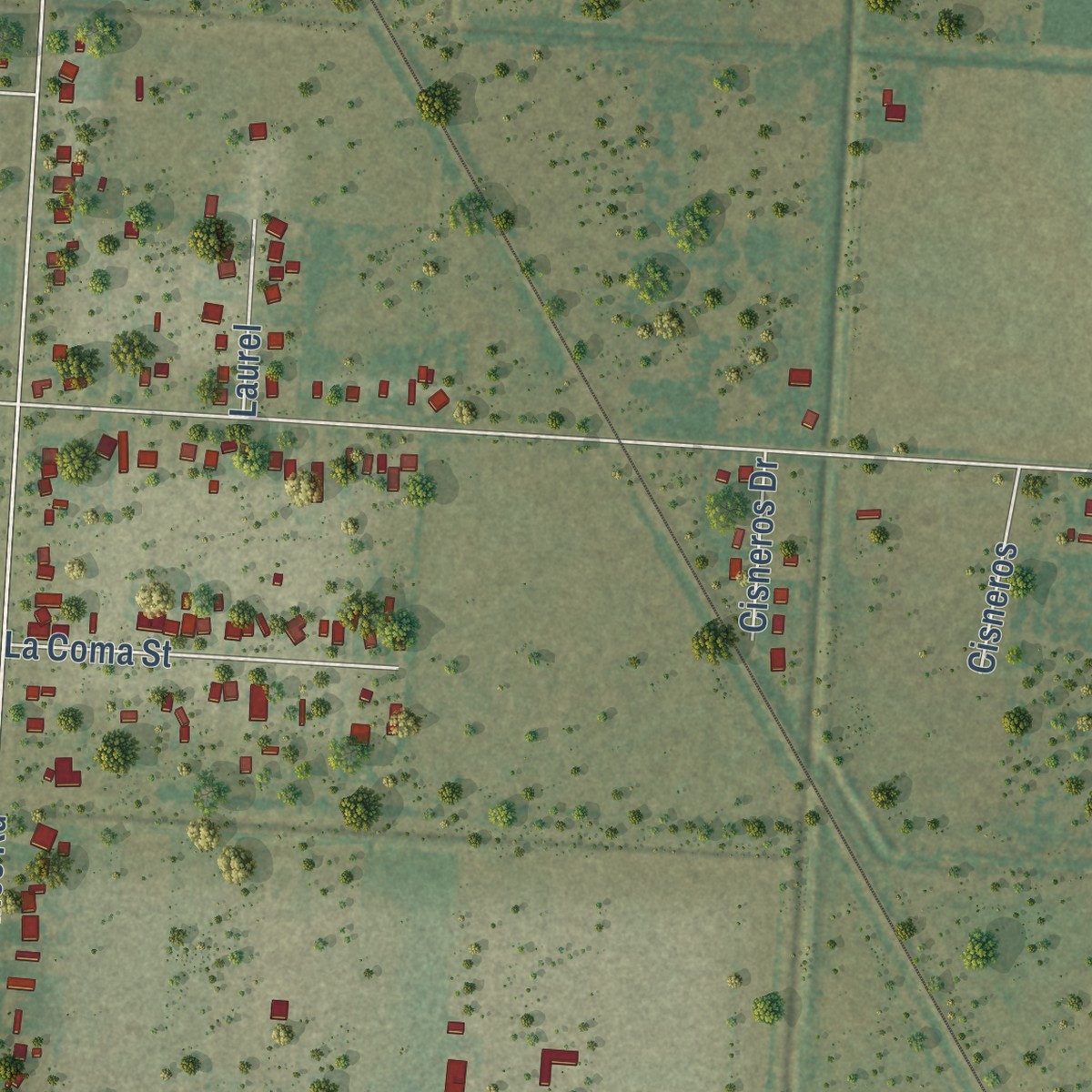 Second close-up of the map of Laureles, Texas print showing more streets and buildings