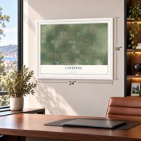 Laureles, Texas map, 18 x 24 inch print in a white frame in a home office