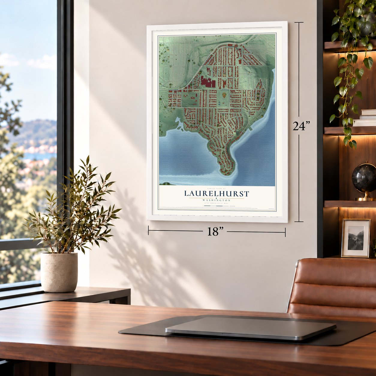 Laurelhurst, Washington map, 18 x 24 inch print in a white frame in a home office