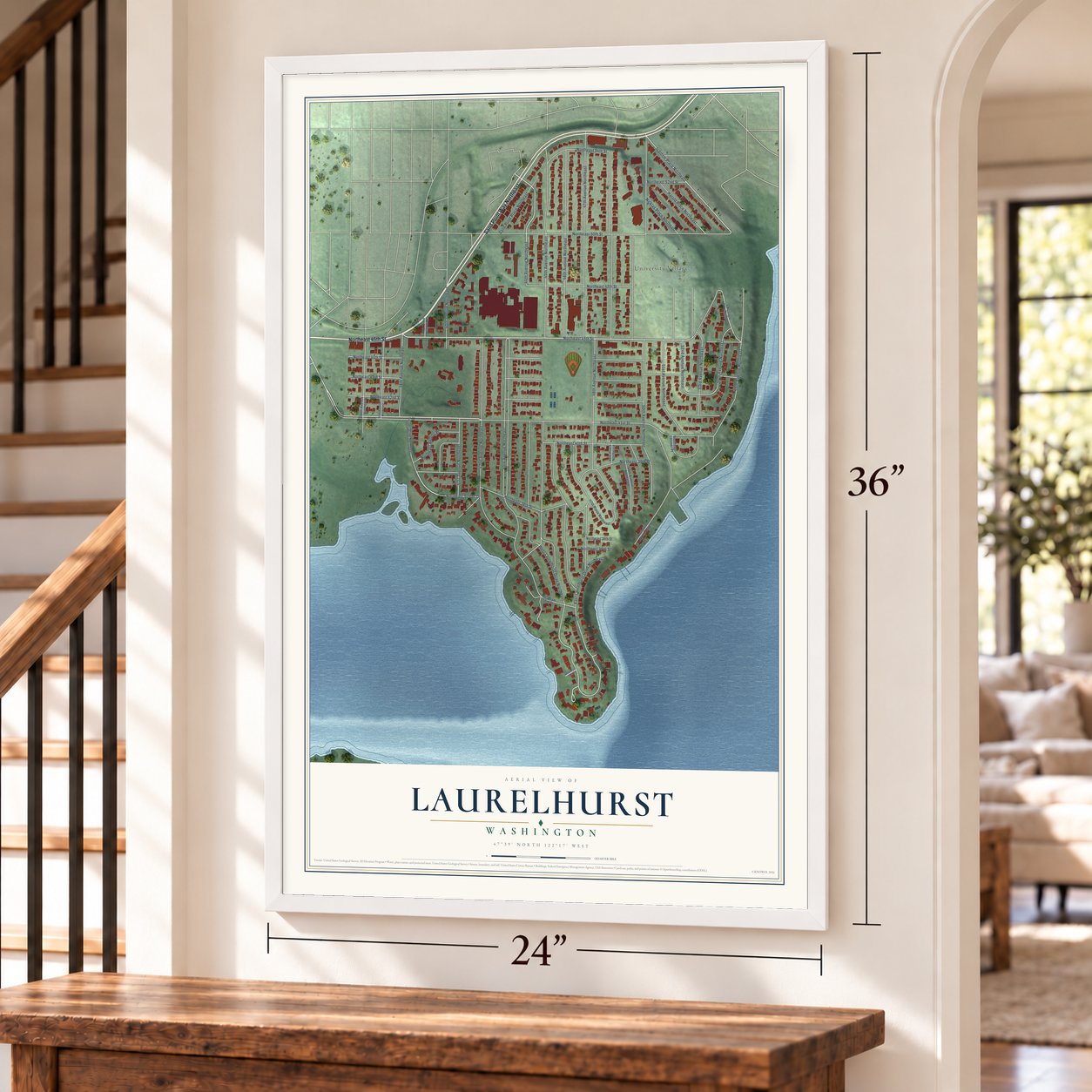 Laurelhurst, Washington map, 24 x 36 inch print in a white frame by a staircase