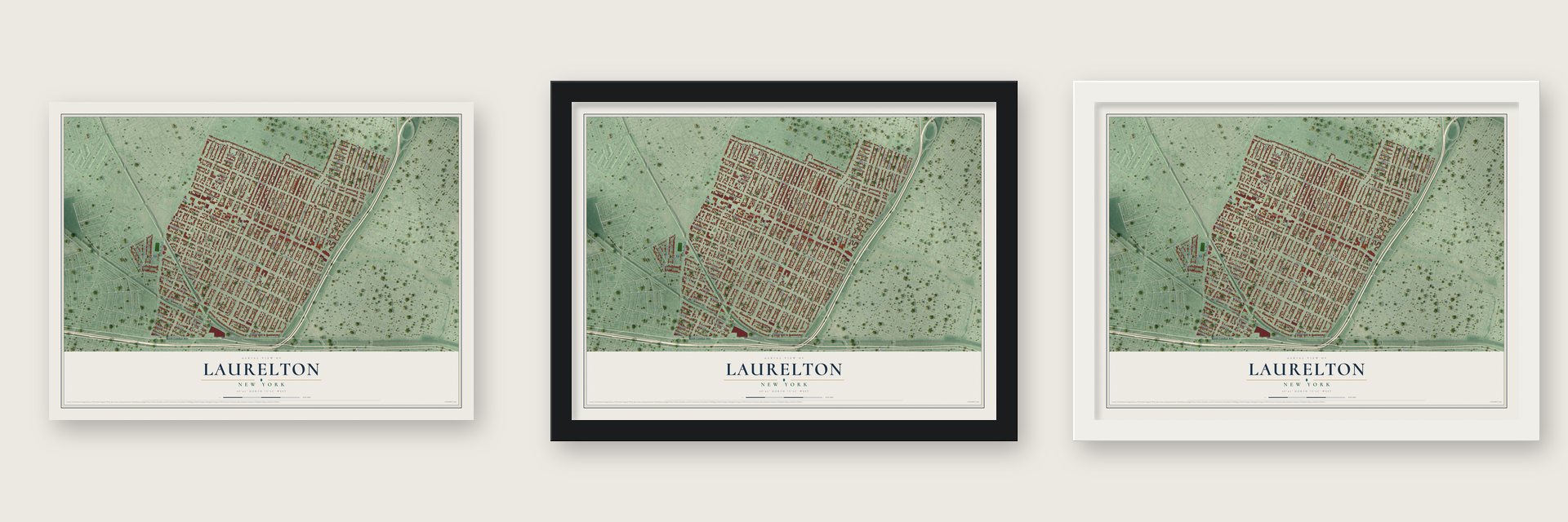 Laurelton, New York map unframed, in a black wood frame and in a white wood frame