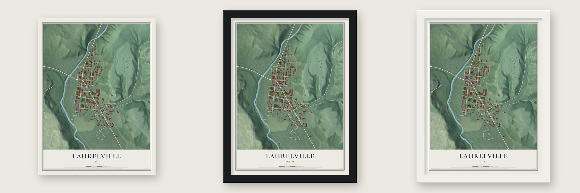 Laurelville, Ohio map unframed, in a black wood frame and in a white wood frame