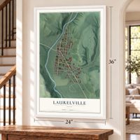 Laurelville, Ohio map, 24 x 36 inch print in a white frame by a staircase
