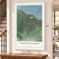 Laurence Harbor, New Jersey map, 24 x 36 inch print in a white frame by a staircase