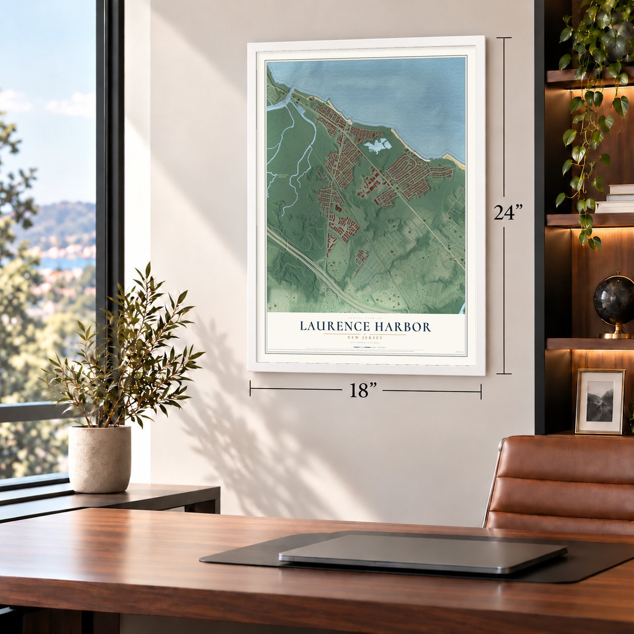 Laurence Harbor, New Jersey map, 18 x 24 inch print in a white frame in a home office