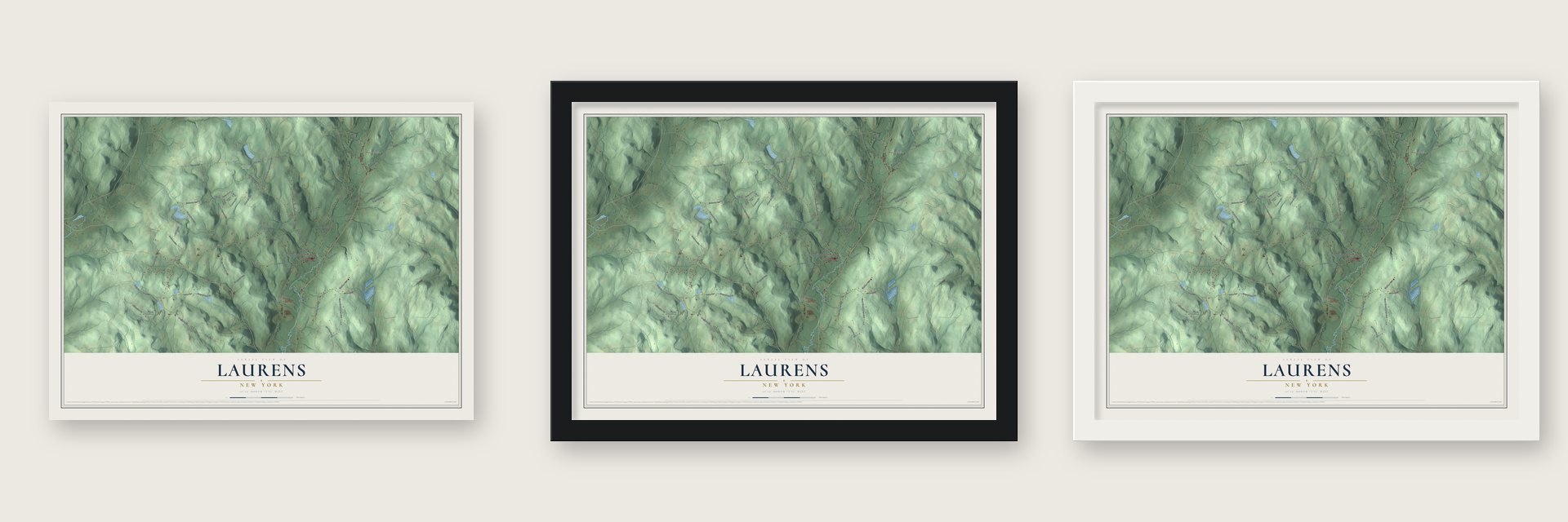 Laurens, New York map unframed, in a black wood frame and in a white wood frame