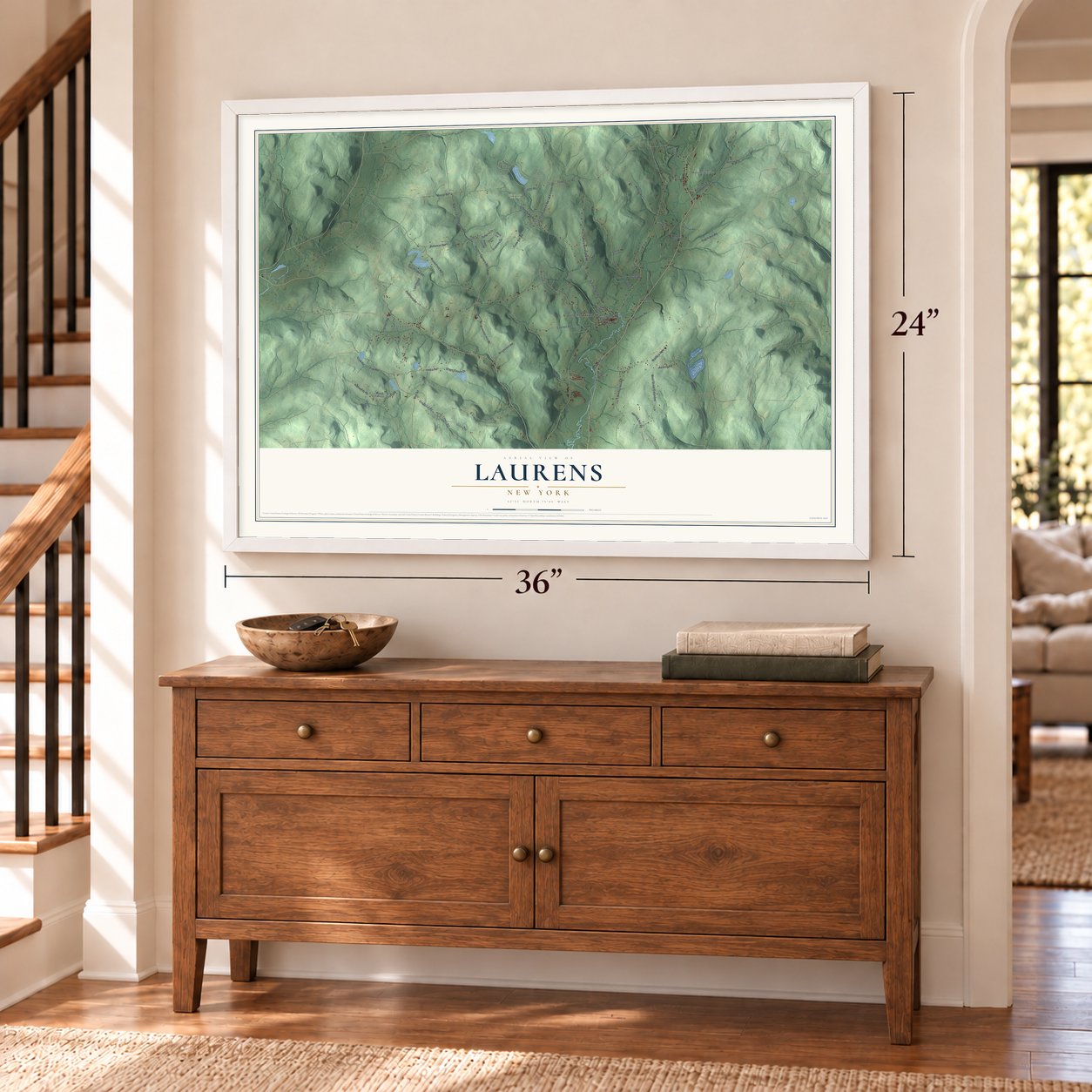 Laurens, New York map, 24 x 36 inch print in a white frame above a dresser by a staircase