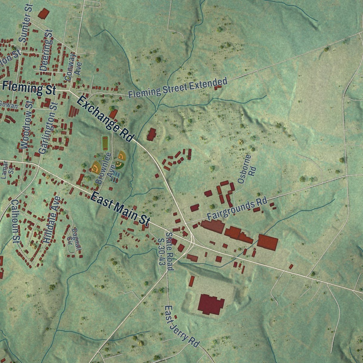 Second close-up of the map of Laurens, South Carolina print showing more streets and buildings
