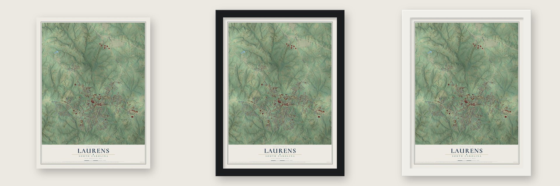 Laurens, South Carolina map unframed, in a black wood frame and in a white wood frame