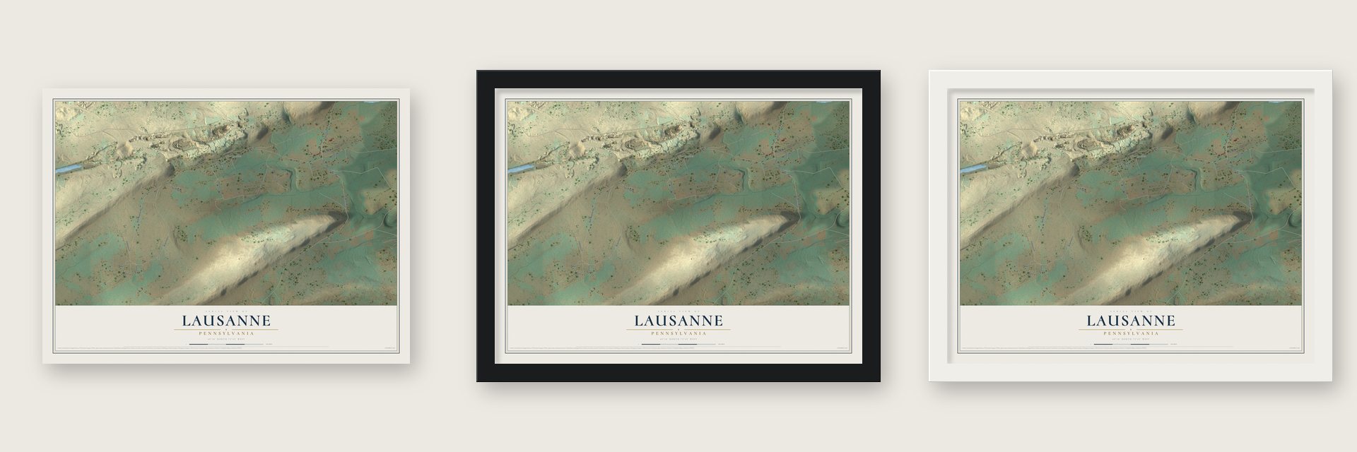 Lausanne, Pennsylvania map unframed, in a black wood frame and in a white wood frame