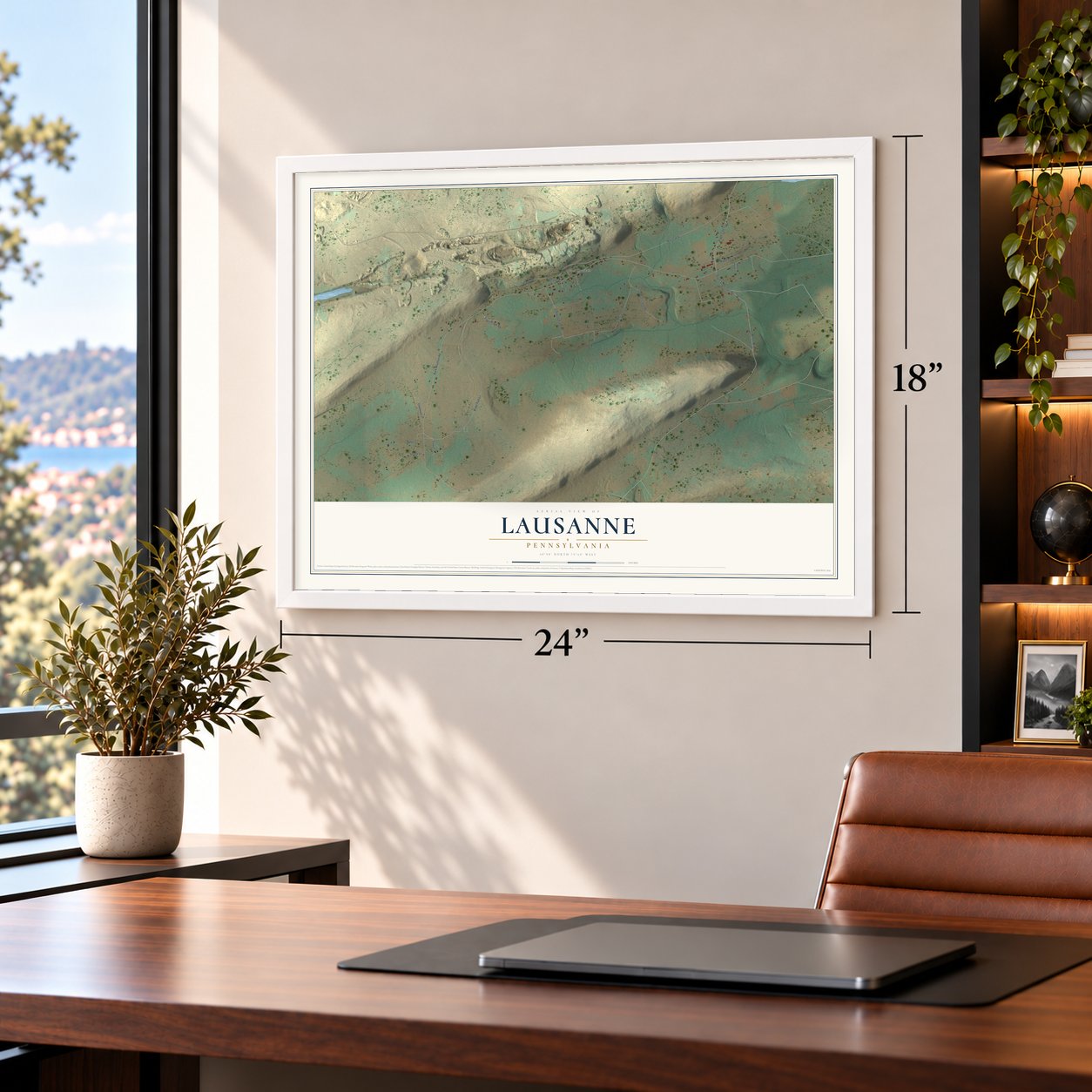 Lausanne, Pennsylvania map, 18 x 24 inch print in a white frame in a home office