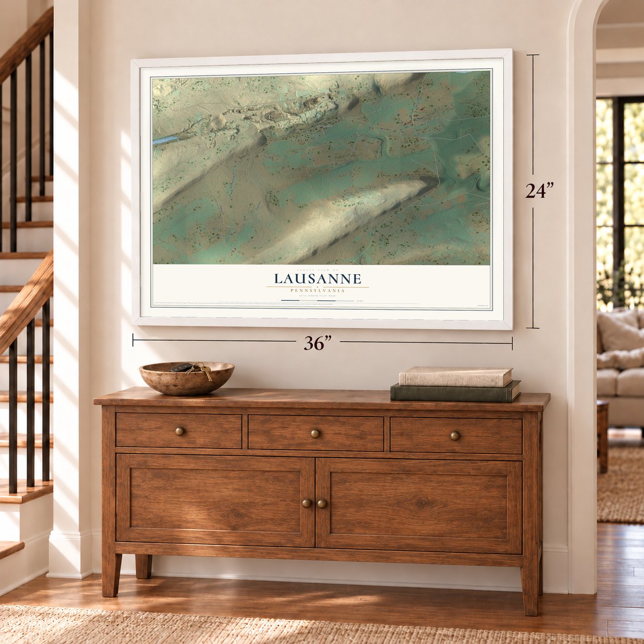 Lausanne, Pennsylvania map, 24 x 36 inch print in a white frame above a dresser by a staircase