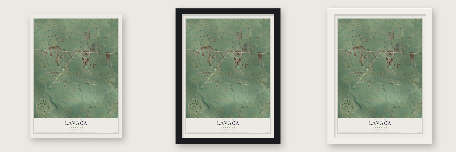Lavaca, Arkansas map unframed, in a black wood frame and in a white wood frame