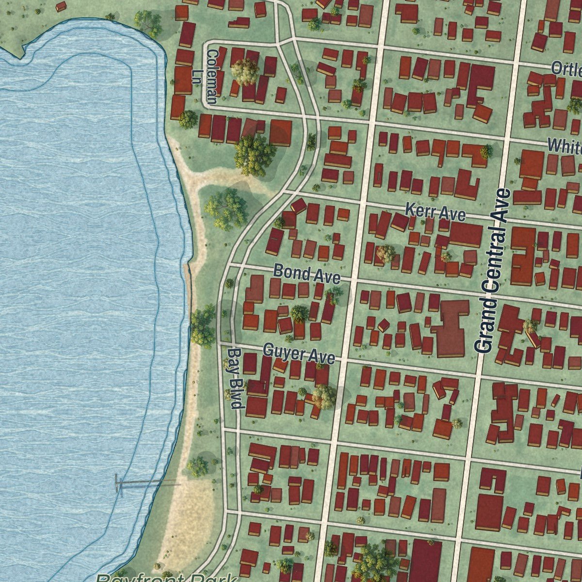 Second close-up of the map of Lavallette, New Jersey print showing more streets and buildings