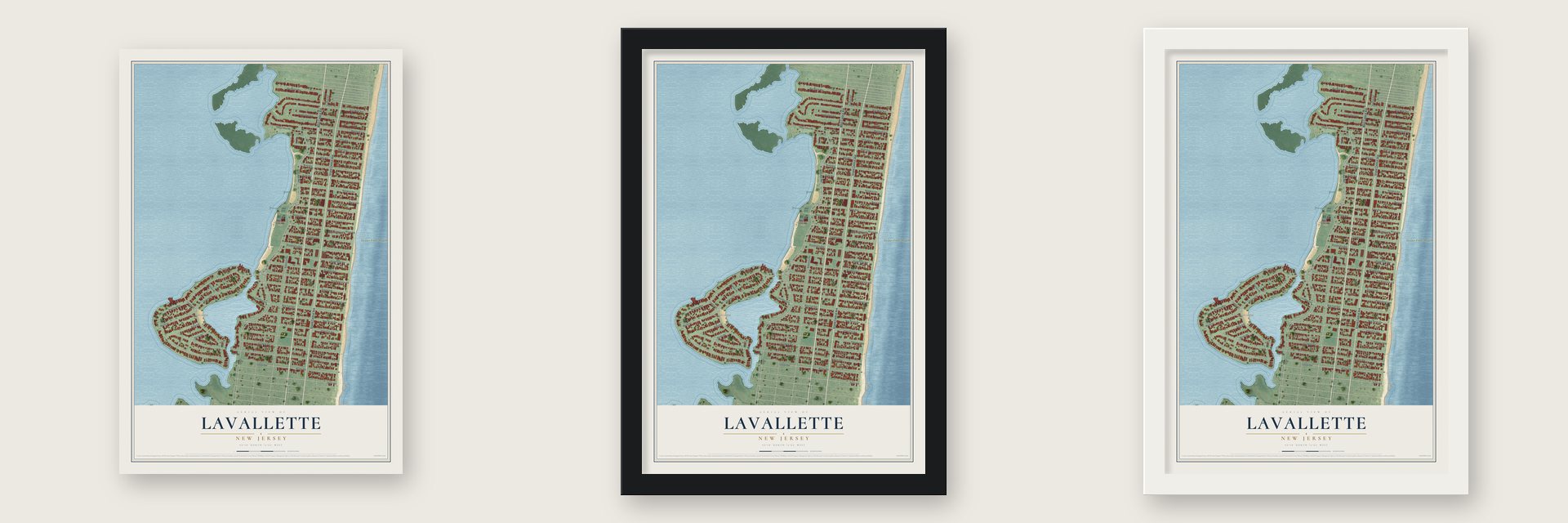 Lavallette, New Jersey map unframed, in a black wood frame and in a white wood frame