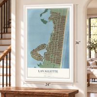 Lavallette, New Jersey map, 24 x 36 inch print in a white frame by a staircase