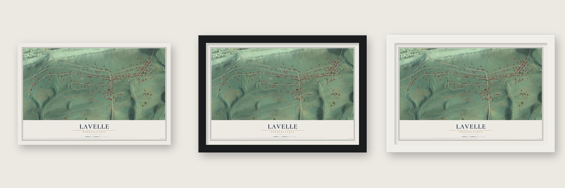 Lavelle, Pennsylvania map unframed, in a black wood frame and in a white wood frame