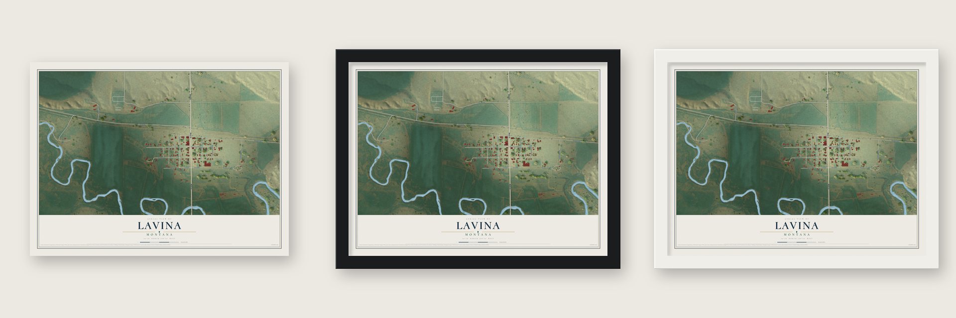 Lavina, Montana map unframed, in a black wood frame and in a white wood frame