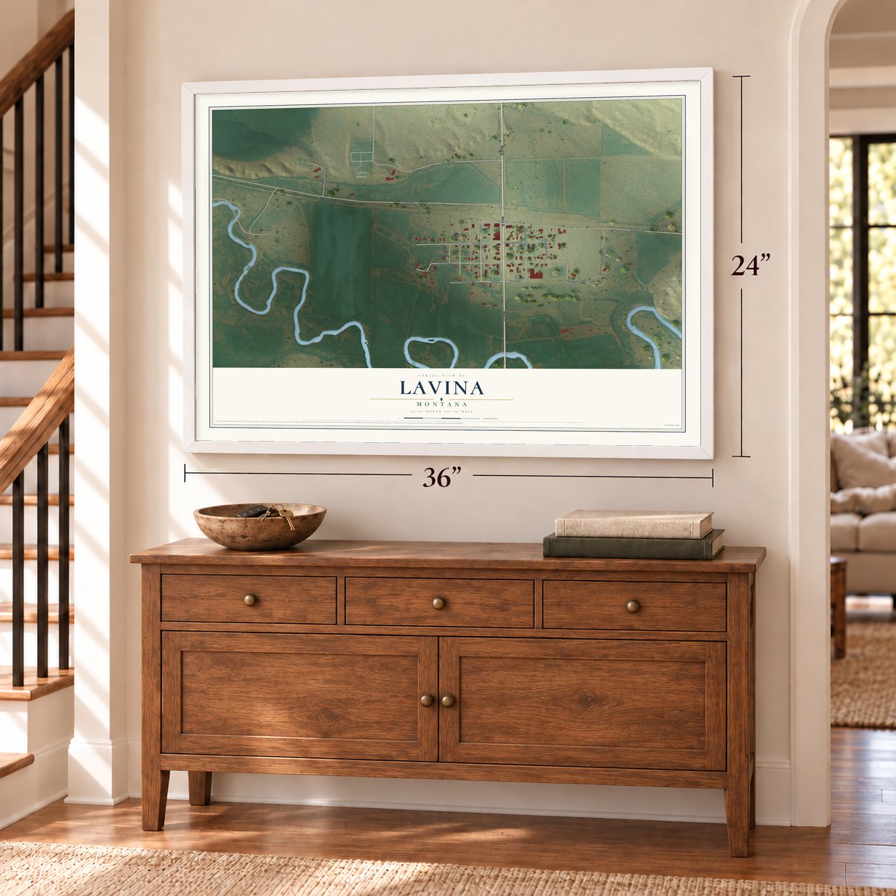 Lavina, Montana map, 24 x 36 inch print in a white frame above a dresser by a staircase