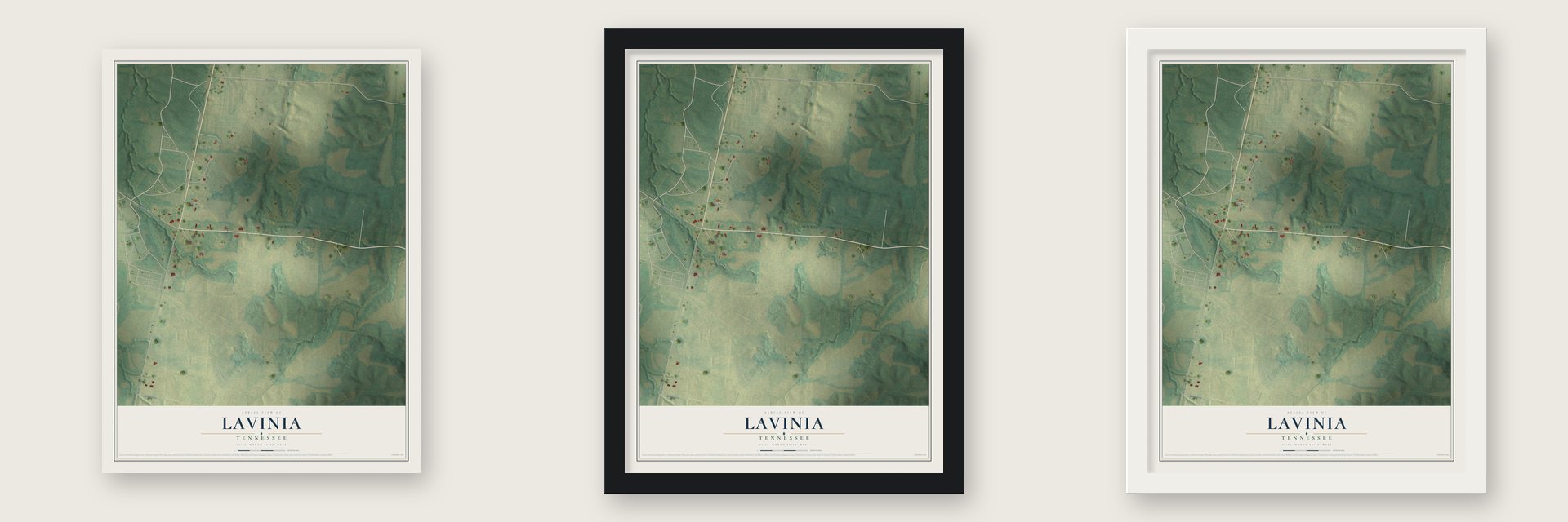 Lavinia, Tennessee map unframed, in a black wood frame and in a white wood frame