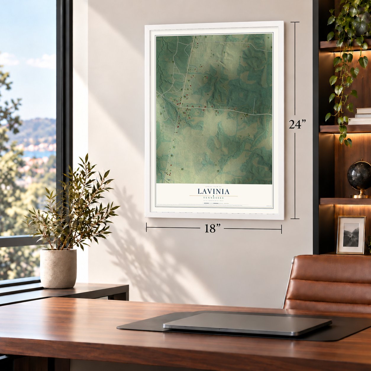 Lavinia, Tennessee map, 18 x 24 inch print in a white frame in a home office