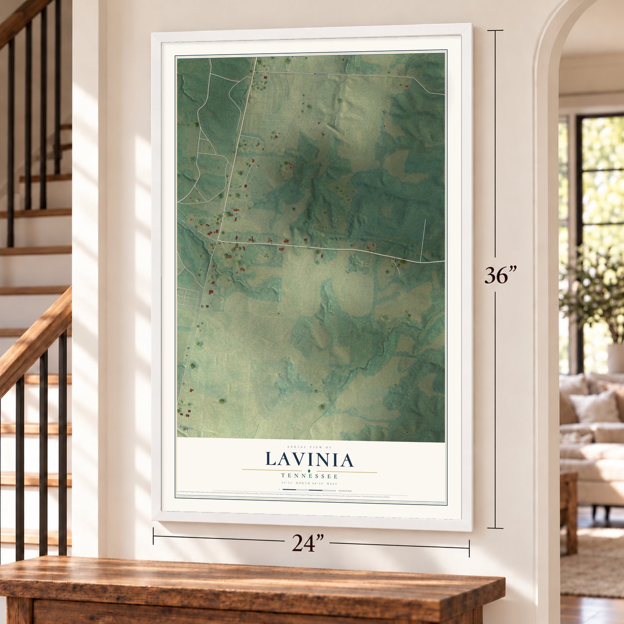 Lavinia, Tennessee map, 24 x 36 inch print in a white frame by a staircase