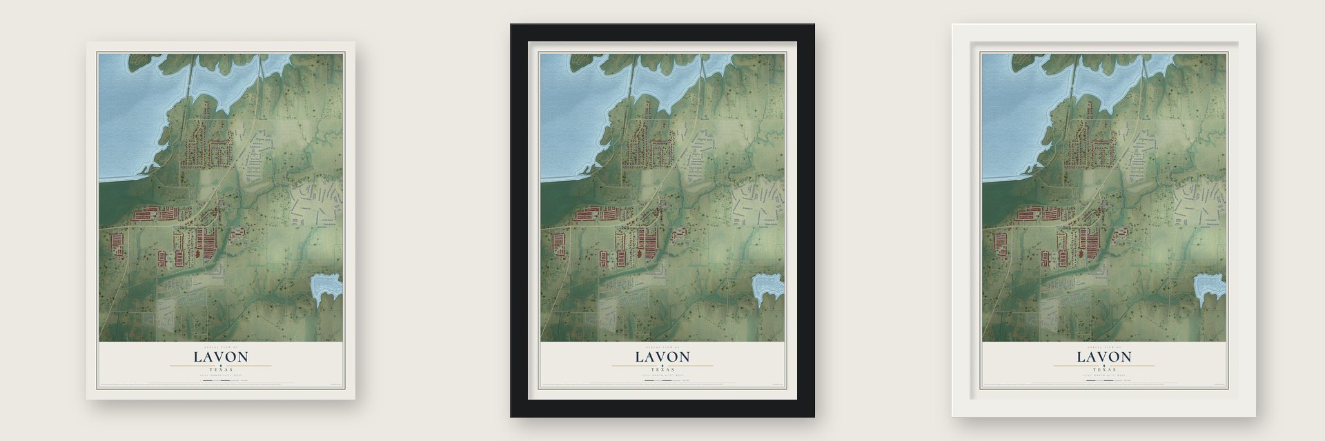 Lavon, Texas map unframed, in a black wood frame and in a white wood frame