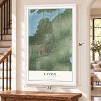 Lavon, Texas map, 24 x 36 inch print in a white frame by a staircase