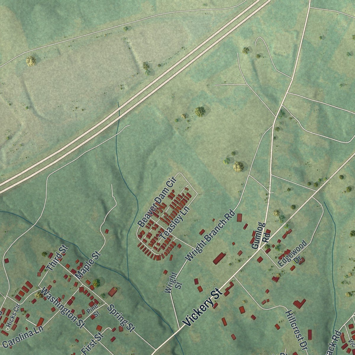 Second close-up of the map of Lavonia, Georgia print showing more streets and buildings