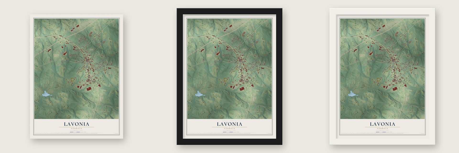 Lavonia, Georgia map unframed, in a black wood frame and in a white wood frame